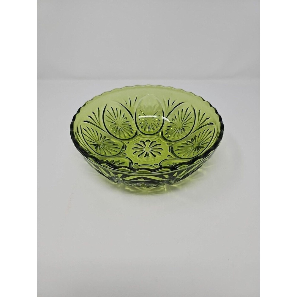 Vintage Olive Green Pressed Glass Starburst Thumbprint Scalloped Round Bowl MCM
